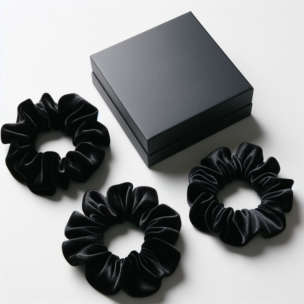 Caja negra de tapa dura con tres Scrunchies personalizados negros con acabado velvet